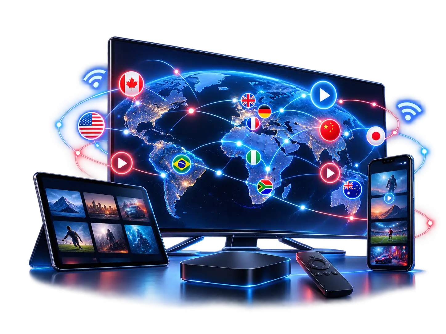 Joyful IPTV World Map Coverage showing live channel streaming across the United States and Europe