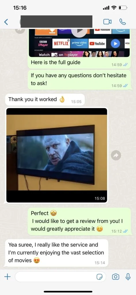 WhatsApp screenshot showing instant IPTV subscription activation message